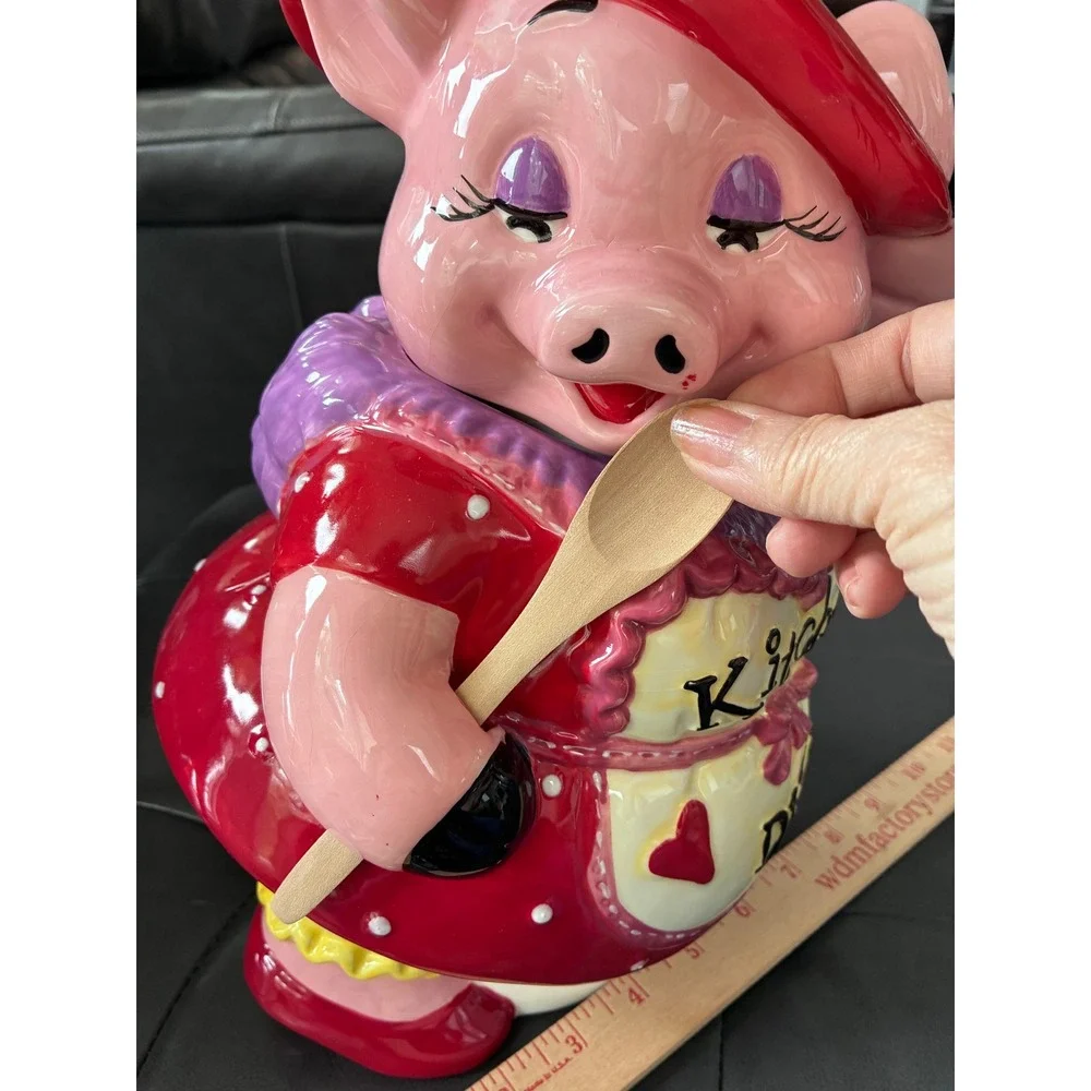 Kitchen Diva Pig Cookie Jar Red Polka Dot Dress Ceramic Novelty Vintage Style